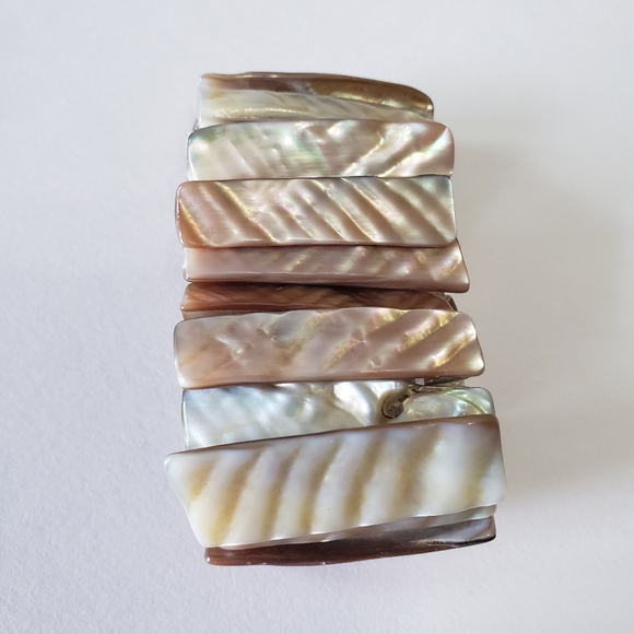 Vintage Abalone Shell Beige Tan Wide Stretch Bracelet Mother Of Pearl - Picture 3 of 5